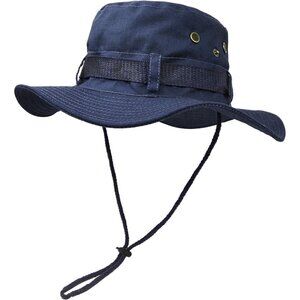 Unisex Navy Blue Wide Brim Boonie With Chin Strap Adjustable Classic Cowboy Hat